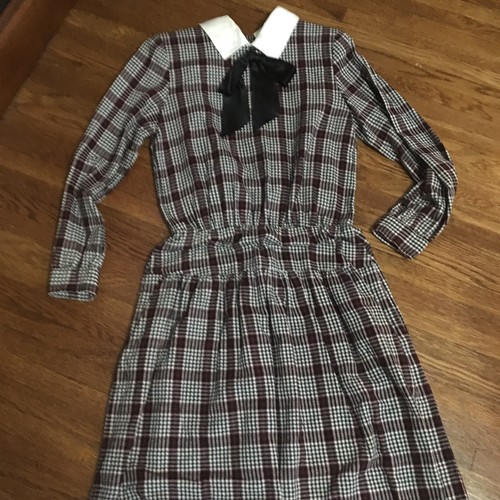 Vestido de Colección Lanz Original a Cuadros Franela Midi S M EE. UU. Cuello Extraíble Arco - Imagen 3 de 8