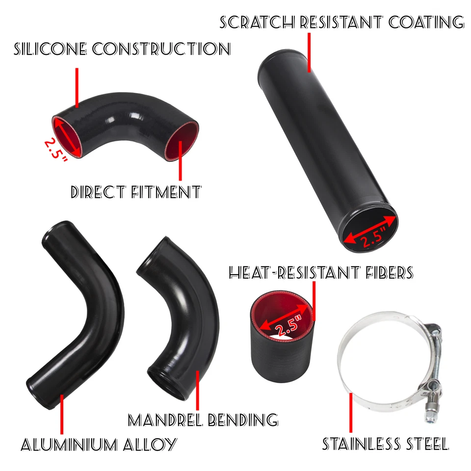 2.5" Inch Universal 12Pcs Black Intercooler Piping Kit+Blk Coupler T-Bolt Clamps - Image 4 of 4