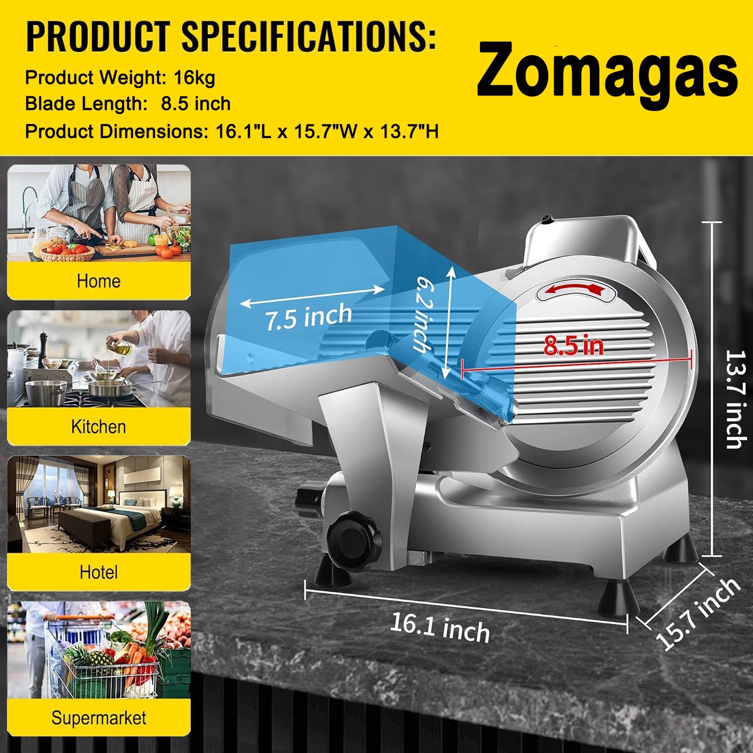 Zomagas Meat Slicer Machine 8.5" 210W Frozen Meat Cheese Deli Slicer Restaurant