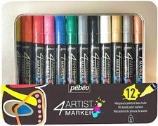 Pebeo Artist Paint Marker Oil Based Gloss Tin Set 4mm Nib Pens 12 x Assorted