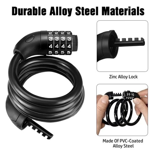 Câble Antivol Spirale Acier Pour Vélo - 8x1000mm, Code à 4 Chiffres, Haute Sécurité