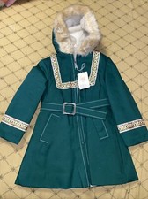 Vtg Girl Hooded Lined Zippered Canvas Green Coat Button Down W/ Belt Size 5 NOS