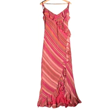 Vintage Monsoon Silk Maxi Dress Size UK 14 Pink Striped Y2K Bias Cut Ruffle 90s