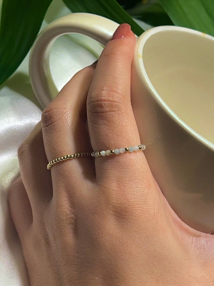 Delicados anillos ajustables de piedras preciosas redondas facetadas de amazonita azul para mujer Foto 2 de 4