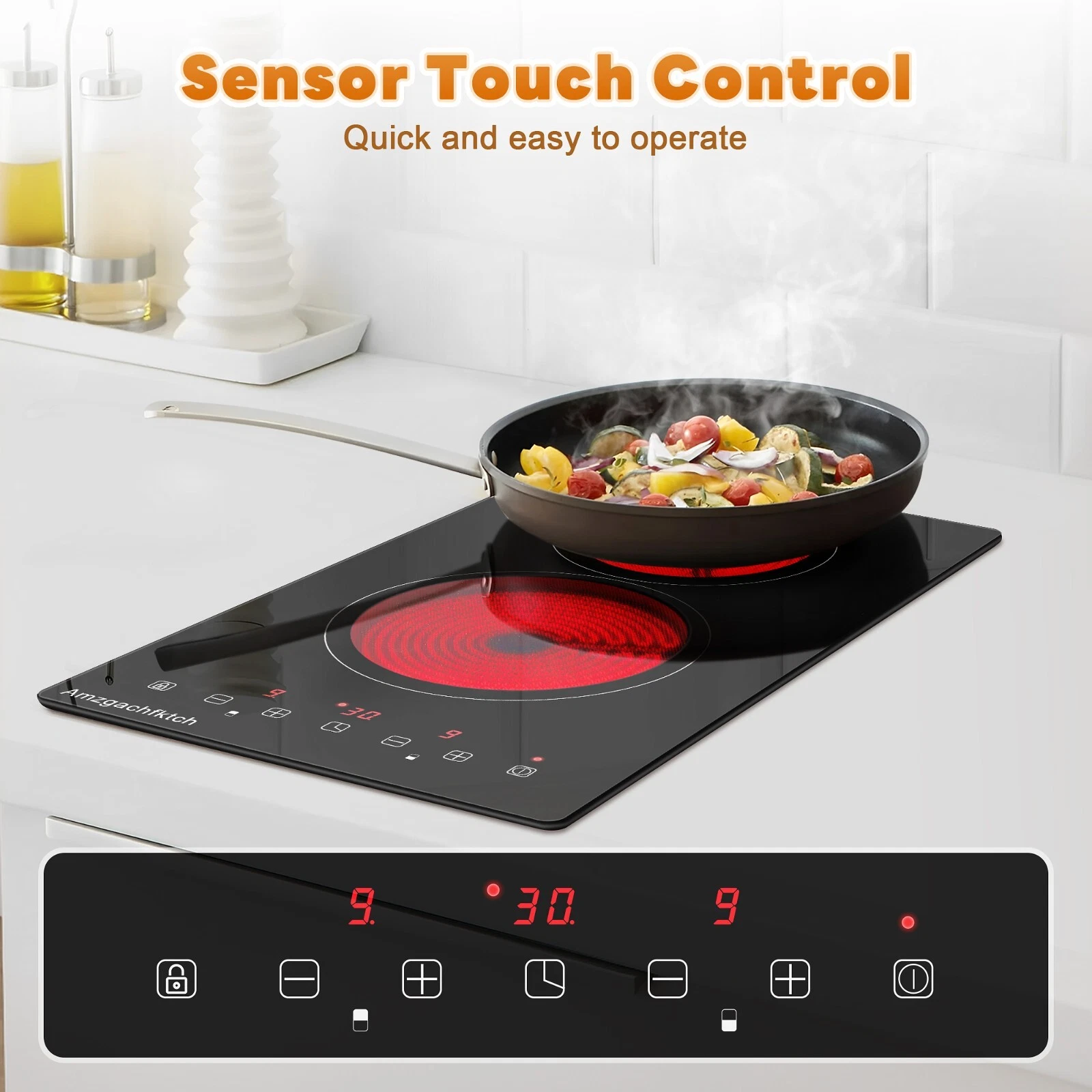 2 Burners Electric Ceramic Cooktop 3000W Overheat Protection 240V Hardwire