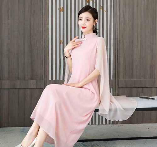 Mujeres Chifón Vestido Largo Noche Fiesta Vestido Chino Verano Hanfu Cheongsam Lo último - Imagen 8 de 12