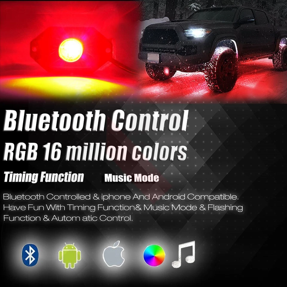 Kit de 4 luces LED de neón con luz de roca RGB Bluetooth LED Pod para Jeep todoterreno camión Foto 3 de 4