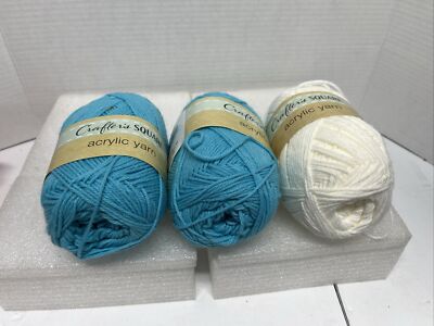 Crafter's Square Acrylic Yarn Lot of Three With 1 White/2 Blue 3.5oz 220 Yds/ea