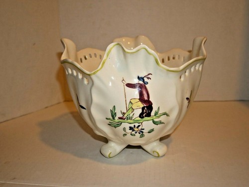 Longchamp France Faience Moustiers Centerpiece Footed bowl pierced rim RARE - Picture 1 of 6