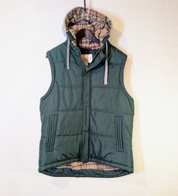 Weatherproof Vintage Green Hooded Zip Puffer Vest Men's Size L Plaid Lining