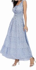 Blue White Polka Dot Boho MILKMAID Dress Peasant Sundress Smocked Maxi Dress S