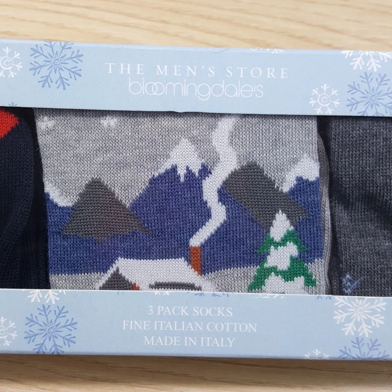 BLOOMINDALES Crew Socks Mens Holiday Winter Snow 3-Pack Gift Box Cotton Italy - Image 3 of 4