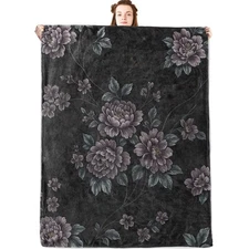 Vintage Floral Flannel Blanket,Elegant Dark Botanical Throw with Purple Peony...