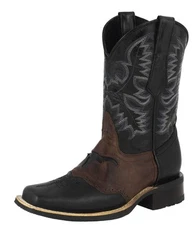 Mens Black Western Cowboy Boots Longhorn Overlay Square Toe All Real Leather