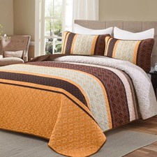 Boho Quilt Set King, Soft 3 Pieces Striped Bedspreads, Fall Orange Bedding Se...