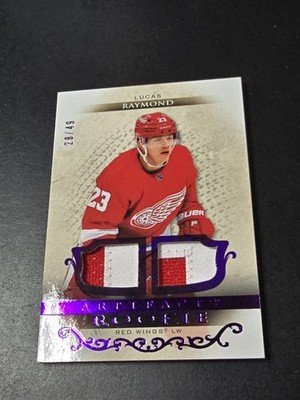 2021-22 Artifacts Lucas Raymond /49 Dual Patch Rookie PURPLE MATERIALS WINGS RC