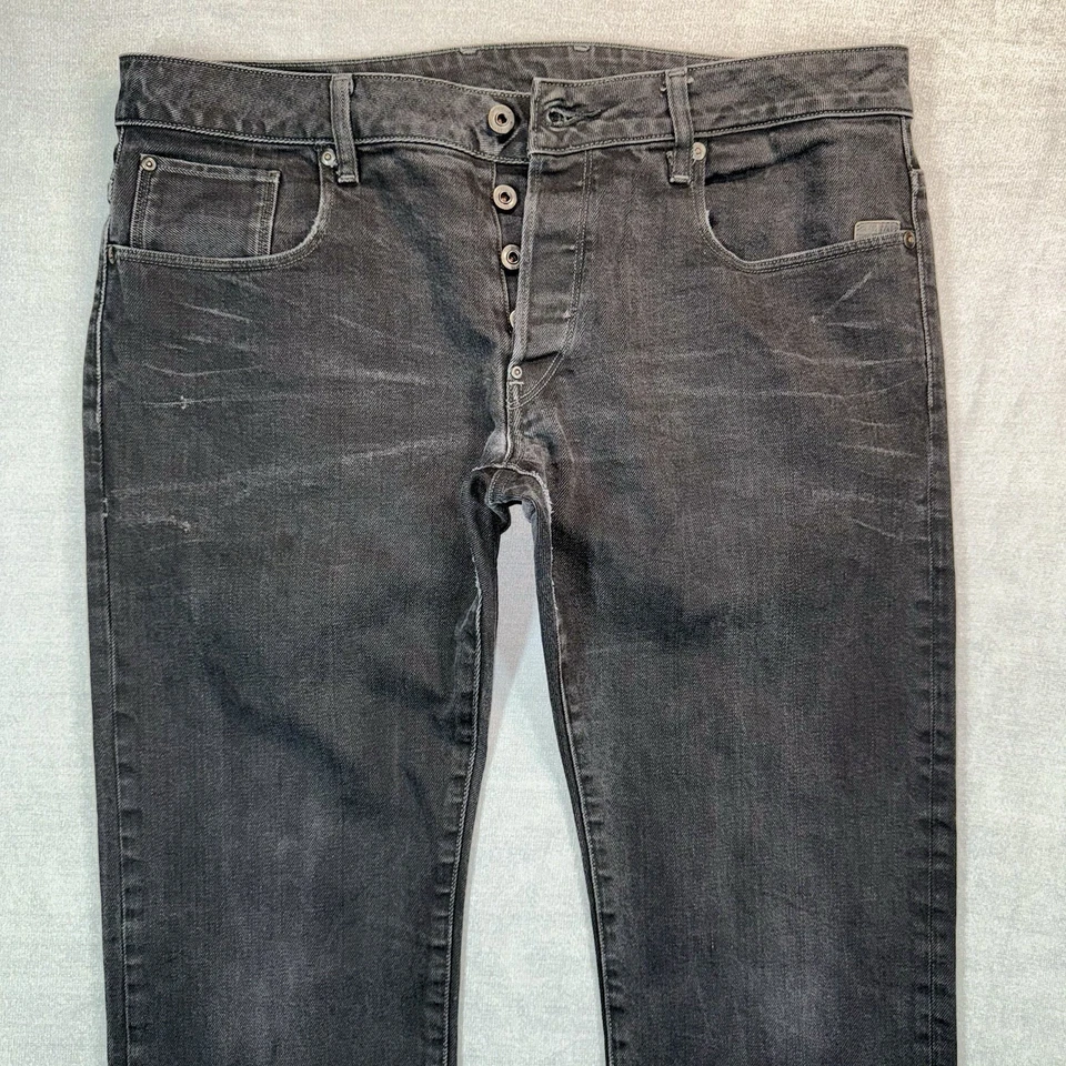 Jeans masculino G Star Raw Attacc perna reta 38x32 preto denim botão elástico mosca - Imagem 3 de 4