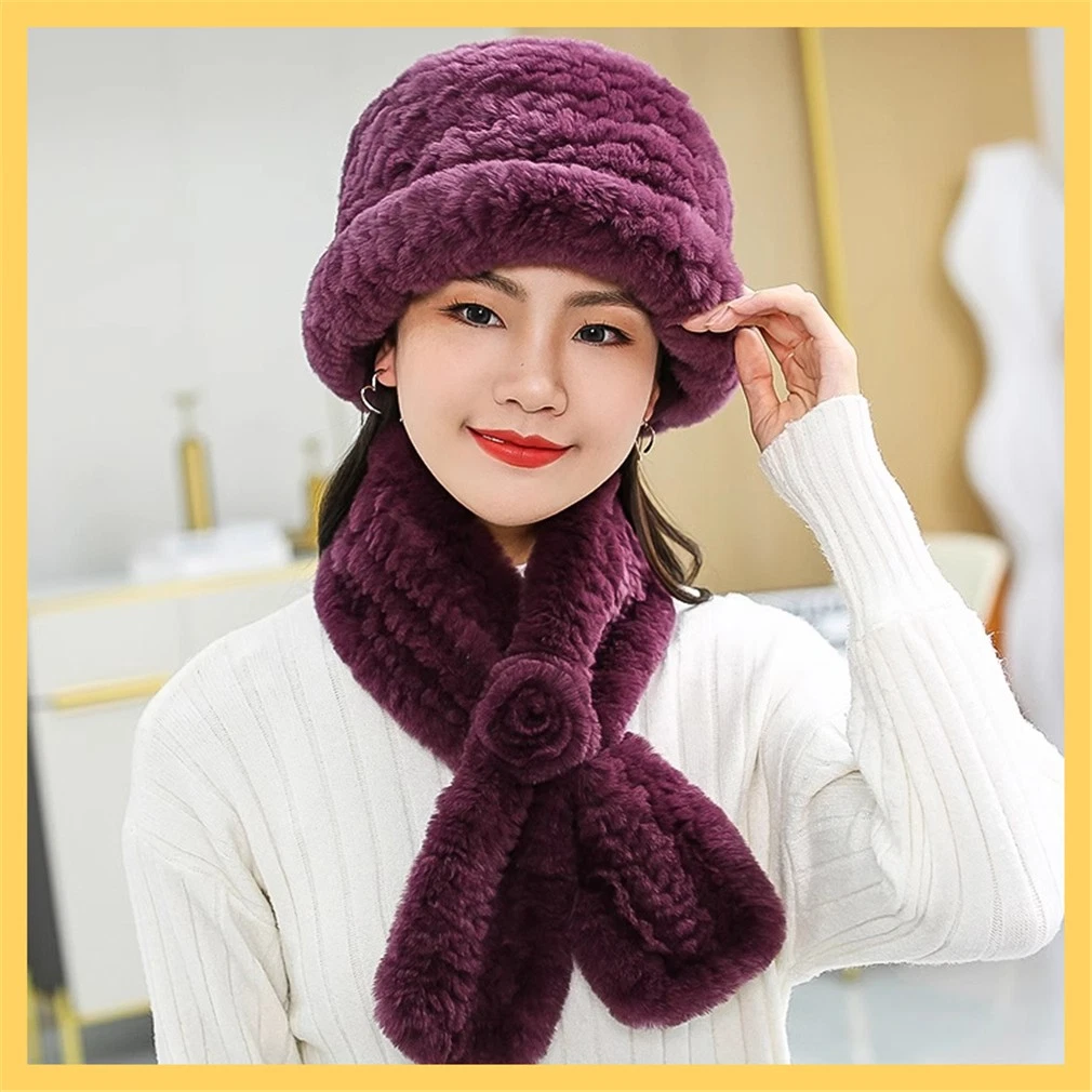 100% Real Rabbit Fur Hat Scarf Thicken Winter Warm Knitted Wooling Cap for Women