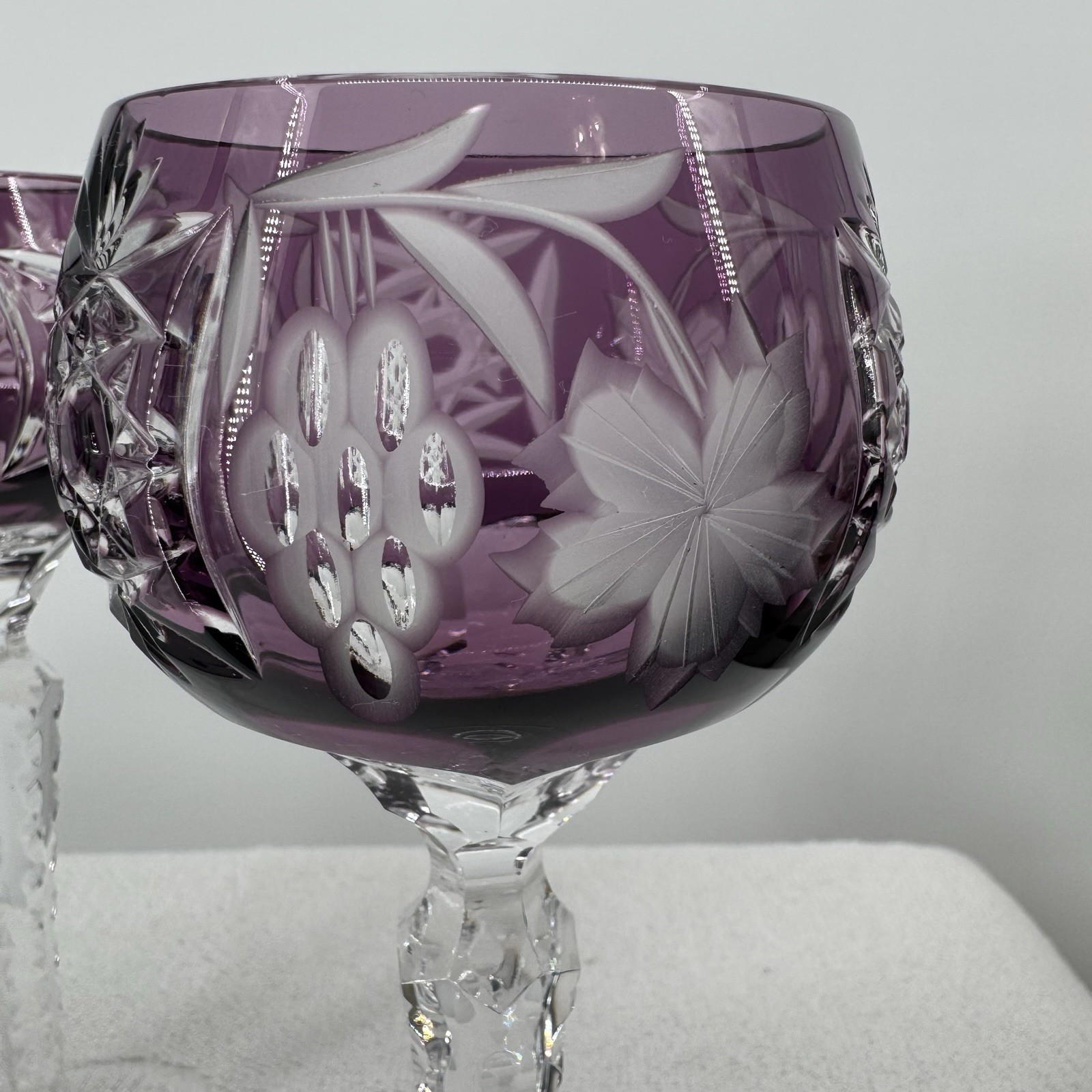 Vtg Nachtmann Traube Purple Cut to Clear Crystal 8.25" Wine Hock Glasses MCM