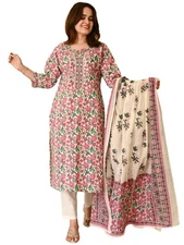 GoSriKi Women's Rayon Viscose Printed Straight Kurta with Pant & Dupatta