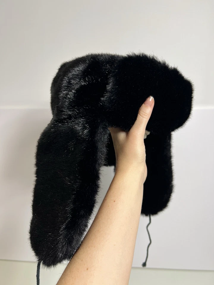 Trapper Hat Black Faux Fur Women's Vintage Made in France Foto 3 de 4
