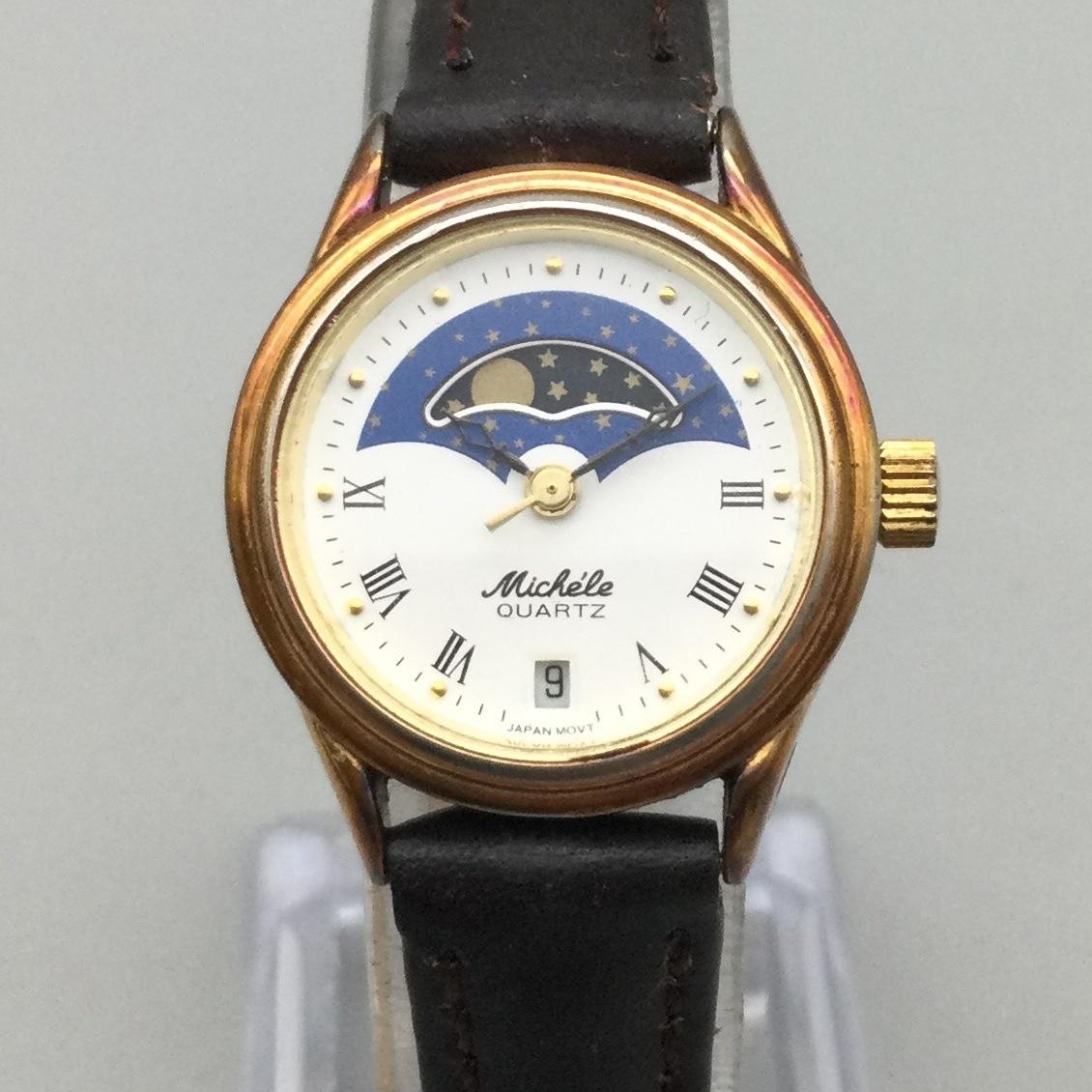 MICHELE Womens Watch 24mm White Dial Moon Phase Date Brown Leather