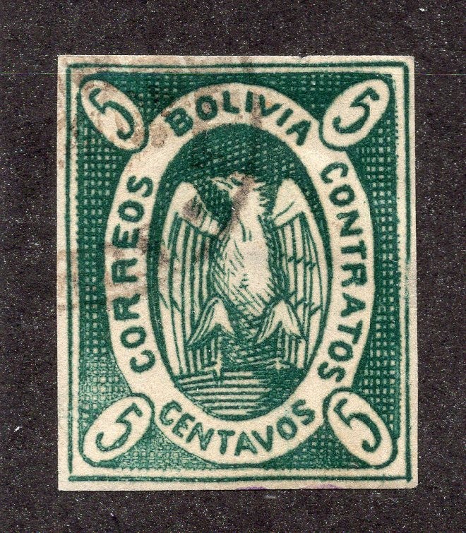 Bolivia 1867 5c green Type c, Scott 2a used, value = $30.00