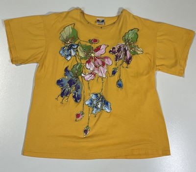 Vintage Floral Glitter Puff Print T Shirt Sz XL Grandma Cottagecore USA 90s