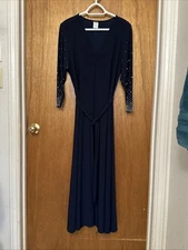 Navy Semi-formal Dress with Beaded Sleeves and Waist Tie. Worn Once.