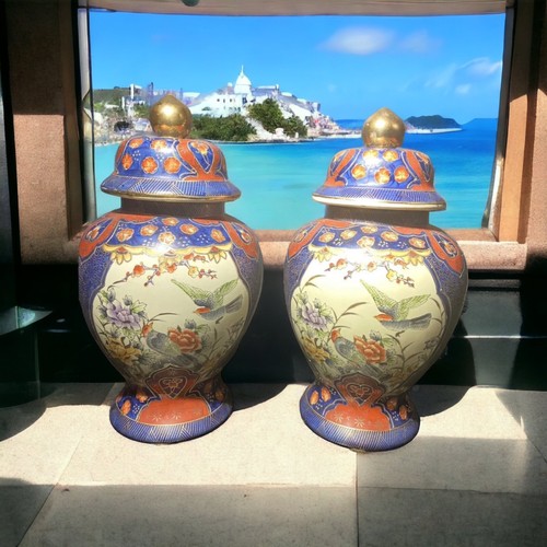 VINTAGE JAPANESE GOLD IMARI SATSUMA HAND PAINTED GINGER TWIN JARS PAIR - Picture 2 of 13