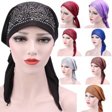 Women Elastic Rhinestones Turban Hats Solid Color Hair Head Wrap Cap Chemo Cover