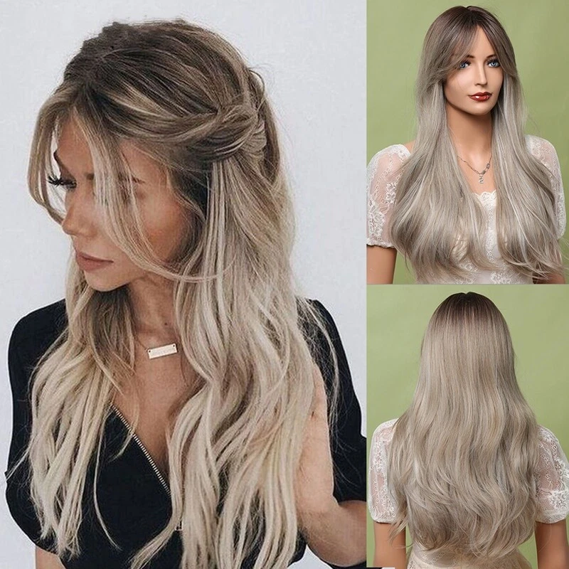 Blonde Wig with Bangs Ombre Wigs for Women Synthetic Long Wavy Wig
