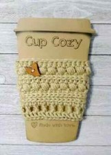 crochet handmade coffee cup drink cozy sleeve heart button tan brown 1pc