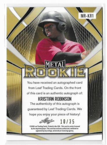 Kristian Robinson 2020 Leaf Metal Rookie Autograph Silver Crystal #MR-KR1 /35 RC - Picture 2 of 4
