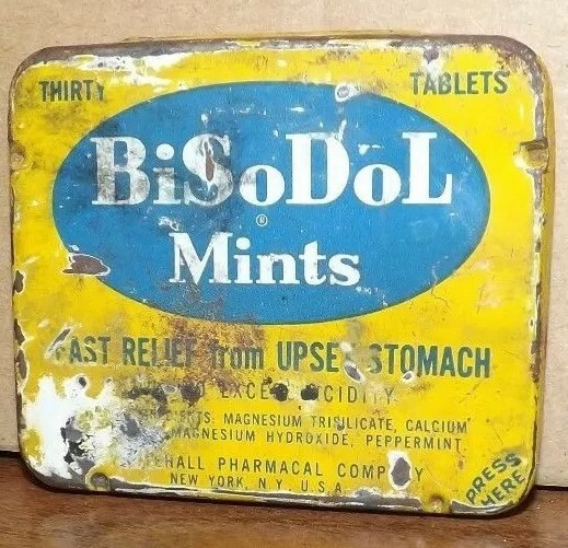 Vintage BiSoDol Mints Empty Tin Antacid 30 tablets New York Yellow