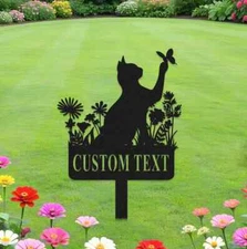 Cat Floral Garden Stake, Custom Cat Sign with Stake Personalized Name Metal Sign
