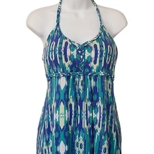 Soybu Dhara Maxi Dress L Blue Print Jersey Stretch Braid Halter Sundress Beach