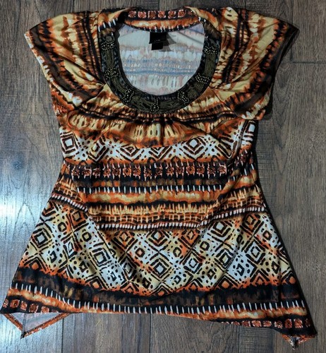 JTB Damen Tunika Oberteil mehrfarbig gestreift Flügelärmel Struktur Metallkette Akzent L - Bild 1 von 13