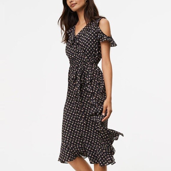 NWT Ann Taylor Loft Floral Cold Shoulder Ruffle Dress Size S Tall ST Faux Wrap eBay
