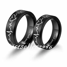 2pcs His and Hers Heartbeat Engagement Wedding Ring Set Couple I LOVE YOU Bands