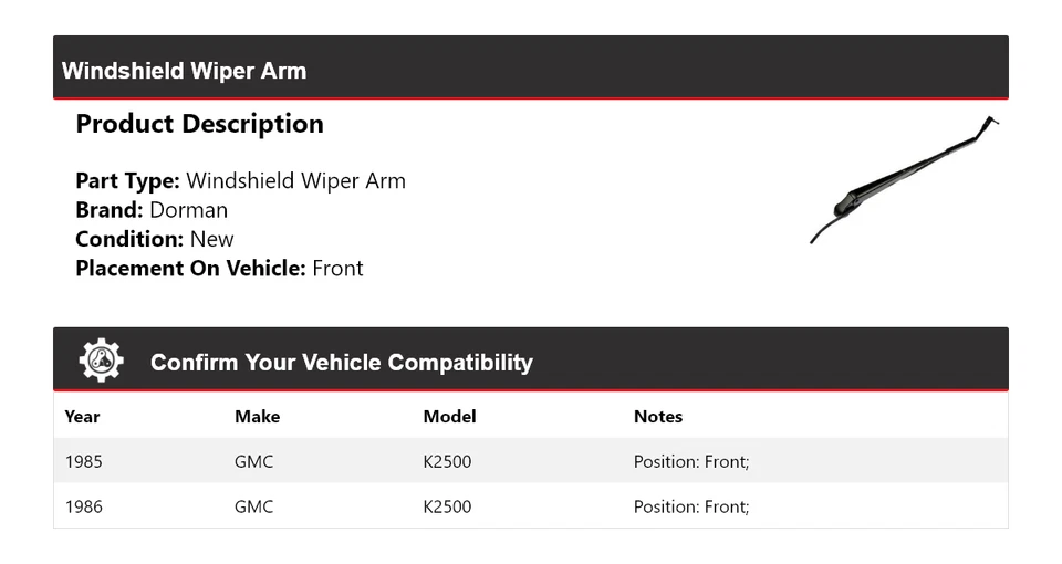 Brazo limpiaparabrisas delantero para GMC K2500 1985-1986 Dorman Foto 2 de 3