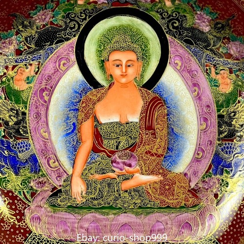 Paravent plat à chauve-souris en porcelaine couleur émaillée unique Shakyamuni officiel Amitabha