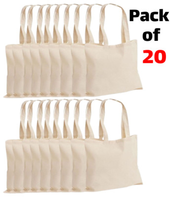 20 x 100 % BAUMWOLLE EINKAUFSTASCHEN UNI UMWELTFREUNDLICH BEUTELTASCHE SCHULTER SHOPPER HANDTASCHE
