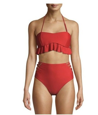 bandeau bikini with high waisted bottoms