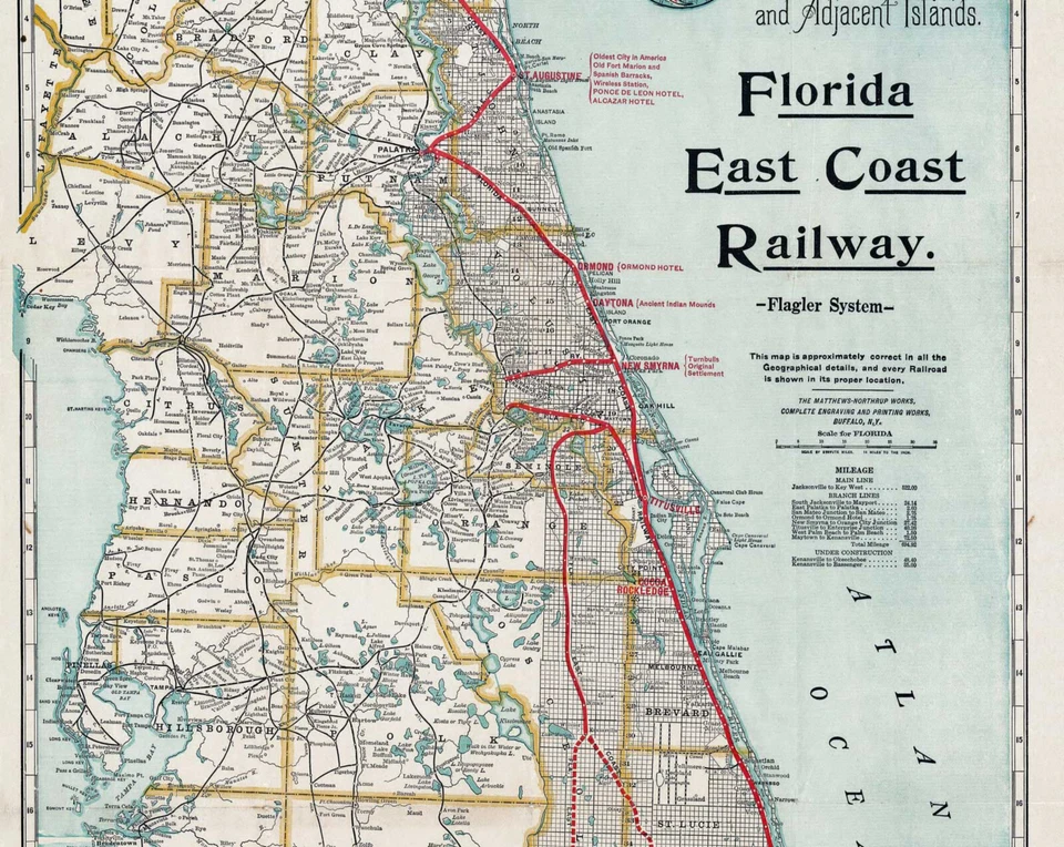1914 Флорида Восточное побережье железной дороги карта полуострова настенное искусство плакат печать - Изображение 2 из 2