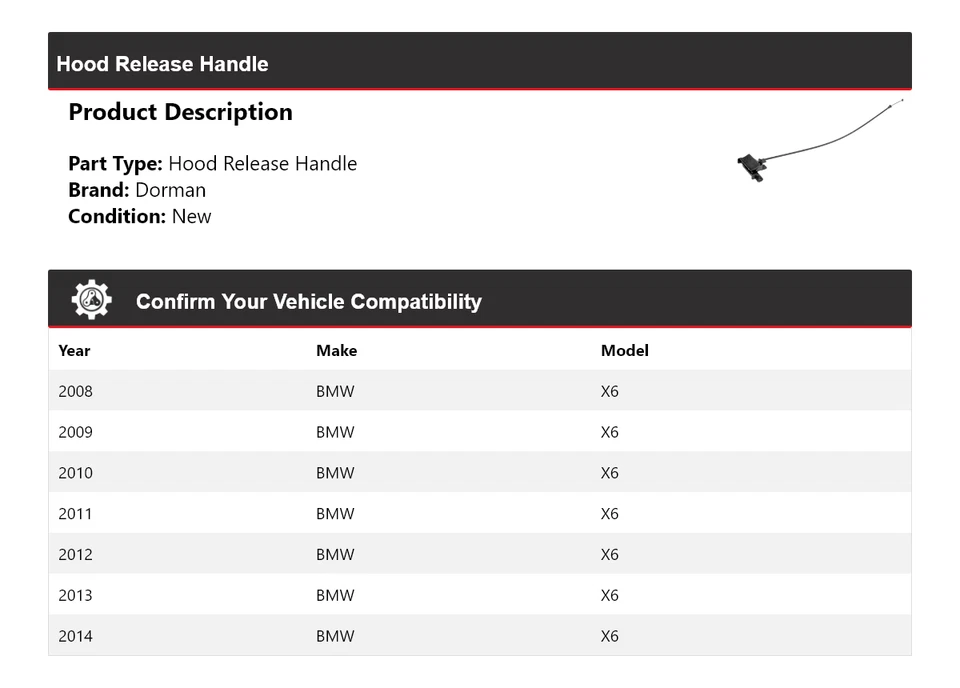 Para 2008-2014 BMW X6 Dorman capô alça de lançamento 2009 2010 2011 2012 2013 - Imagem 2 de 4