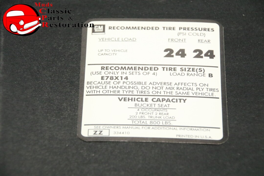 73 Camaro Door Jamb Tire Pressure Decal, E78x14 tires GM Part ZZ 334410 eBay