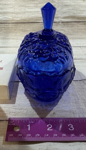 Cobalt Blue Depression Oval Glass Covered Candy Dish Rose Design Oblong - Picture 3 of 6
