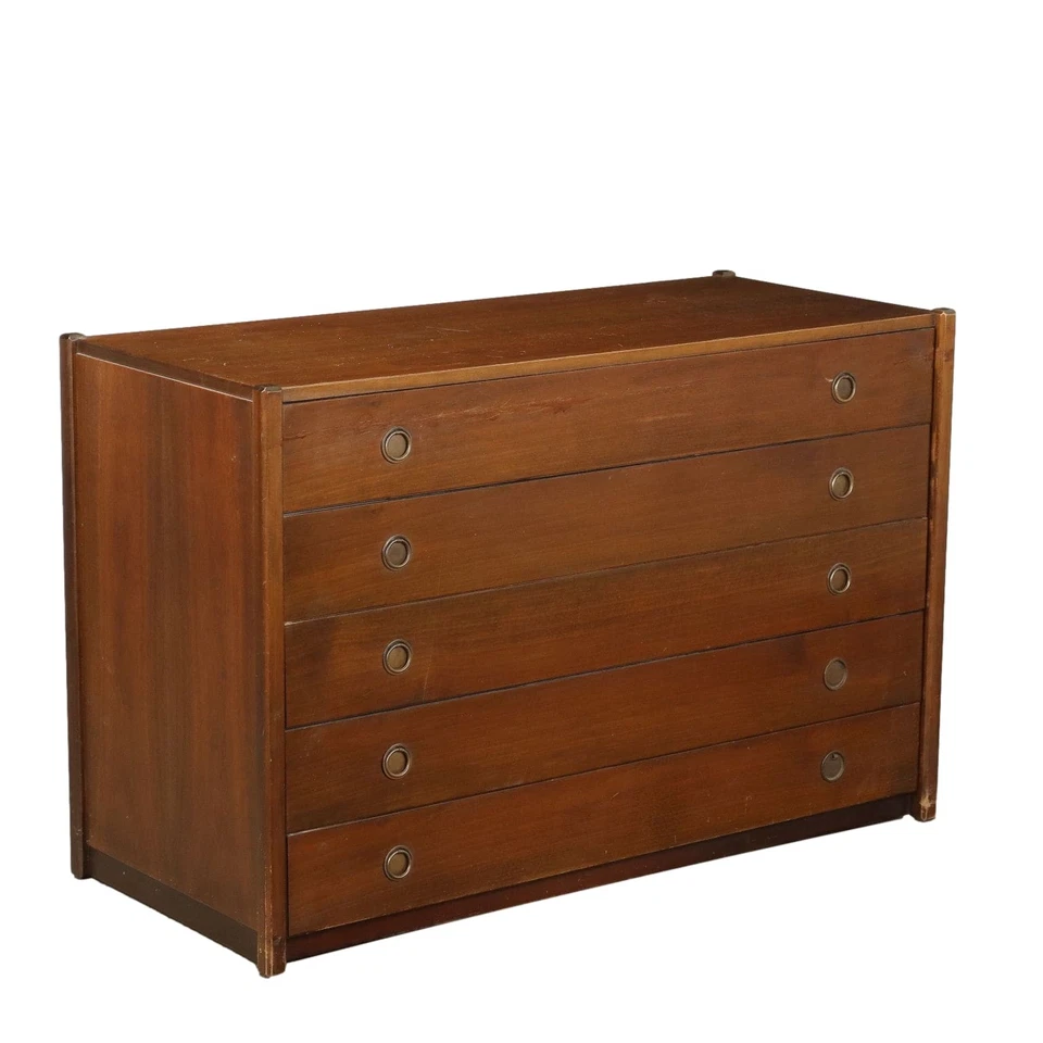 Commode Vintage Plaquée en Noyer 5 Tiroirs Italie Années 1960-70 Originale