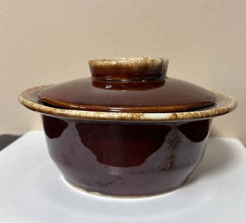 Hull Pottery USA Casserole Brown Drip Glaze Crock 7" x 3" vintage